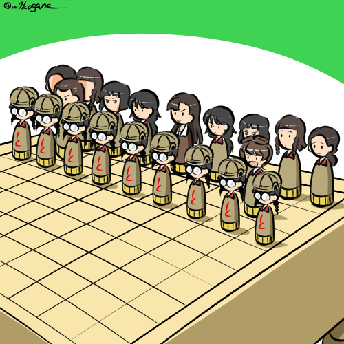 annotated asymmetrical_bangs bangs black_hair blunt_bangs board_game bob_cut braid brown_headwear brown_jacket chi-hatan_military_uniform closed_mouth commentary frown fukuda_(girls_und_panzer) girls_und_panzer glasses hair_rings hamada_(girls_und_panzer) helmet hosomi_(girls_und_panzer) jacket kogane_(staygold) kubota_(girls_und_panzer) lowres military military_uniform nagura_(girls_und_panzer) nishi_kinuyo nishihara_(girls_und_panzer) opaque_glasses open_mouth pleated_skirt ponytail round_eyewear shougi skirt smile tamada_(girls_und_panzer) twitter_username uniform yellow_skirt