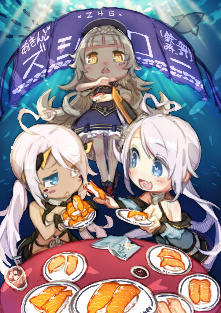 3girls :d ahoge azur_lane beret blue_eyes book breasts chibi cleavage codeblueocean cola commentary_request drinking_straw fish food glass hat heart heart-shaped_pupils heart_in_mouth heterochromia indianapolis_(azur_lane) jacket long_hair multiple_girls ocean open_mouth plate portland_(azur_lane) side_ponytail silver_hair smile sushi symbol-shaped_pupils translation_request twintails yellow_eyes z46_(azur_lane)