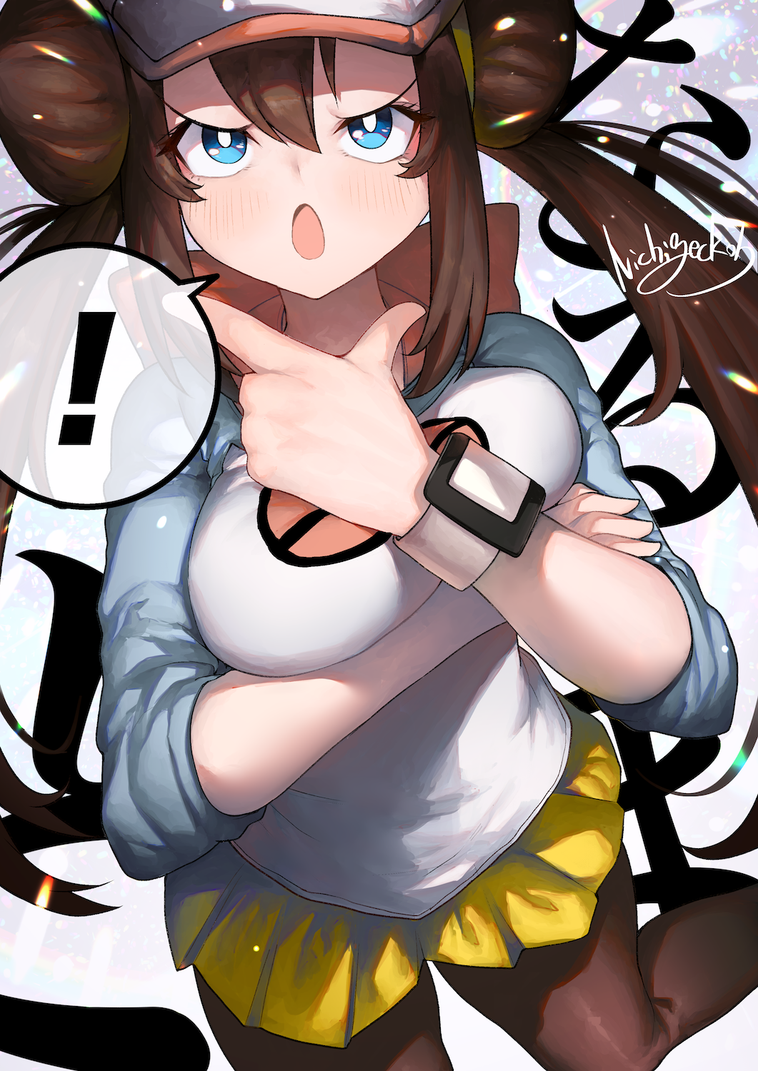 ! 1girl artist_name bangs black_legwear blue_eyes blush breasts brown_hair commentary_request crossed_arms double_bun hair_tie hand_up hat highres leg_up long_hair long_sleeves looking_up medium_breasts mei_(pokemon) nichigeckoh open_mouth pantyhose poke_ball_theme pokemon pokemon_(game) pokemon_bw2 pokemon_masters raglan_sleeves shirt short_shorts shorts signature solo speech_bubble spoken_exclamation_mark standing standing_on_one_leg thinking tied_hair twintails white_shirt wristband yellow_shorts
