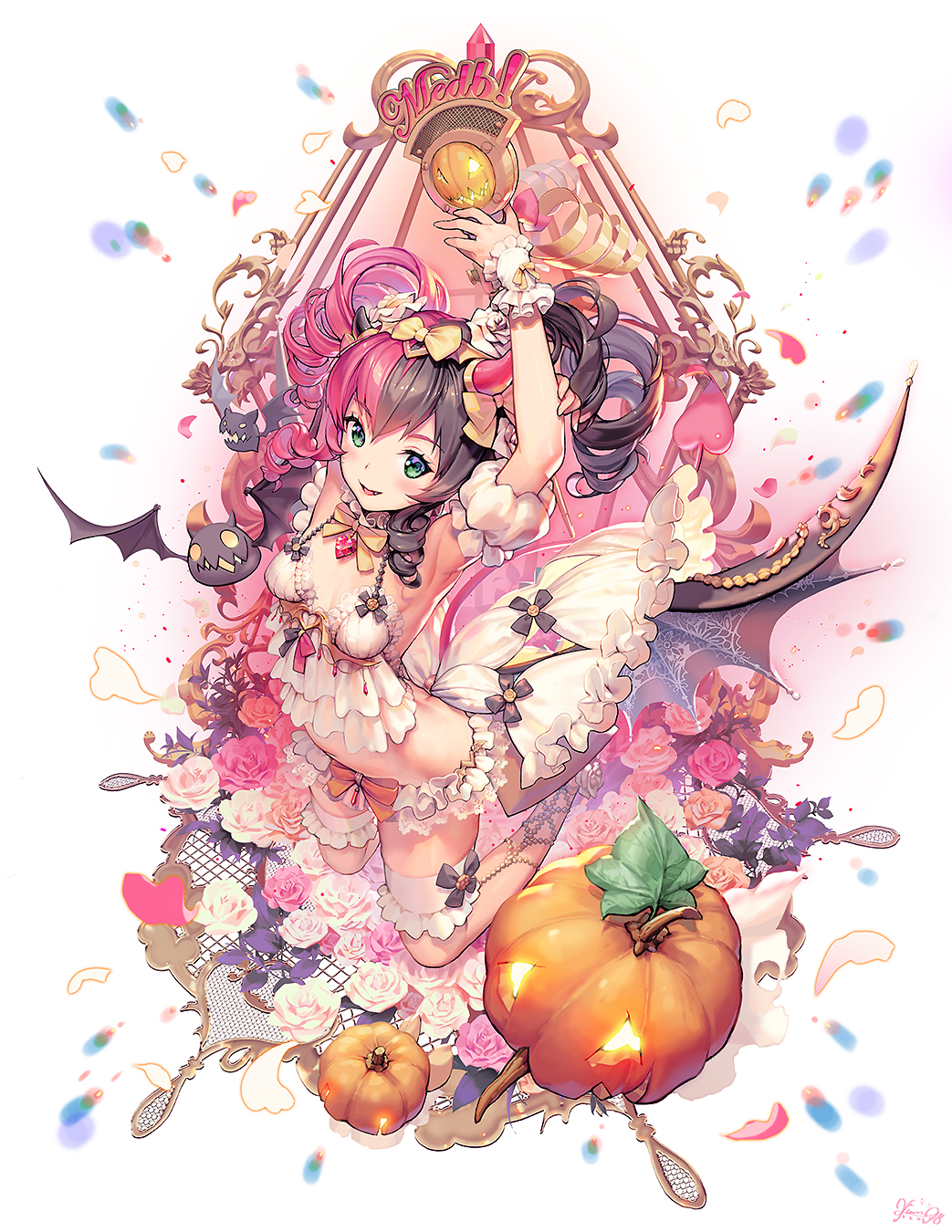 1girl armpits arms_up bare_shoulders bat black_hair bow bowtie breasts commentary_request crop_top demon_tail demon_wings destiny_child detached_sleeves drill_hair fang flower green_eyes hair_bow highres holding horns jack-o'-lantern kkuem leg_garter long_hair looking_at_viewer medb_(destiny_child) midriff miniskirt multicolored_hair official_art open_mouth orange_bow pink_flower pink_hair puffy_short_sleeves puffy_sleeves pumpkin rose short_sleeves signature skirt small_breasts smile solo stomach tail twin_drills twintails two-tone_hair white_flower wings wrist_cuffs