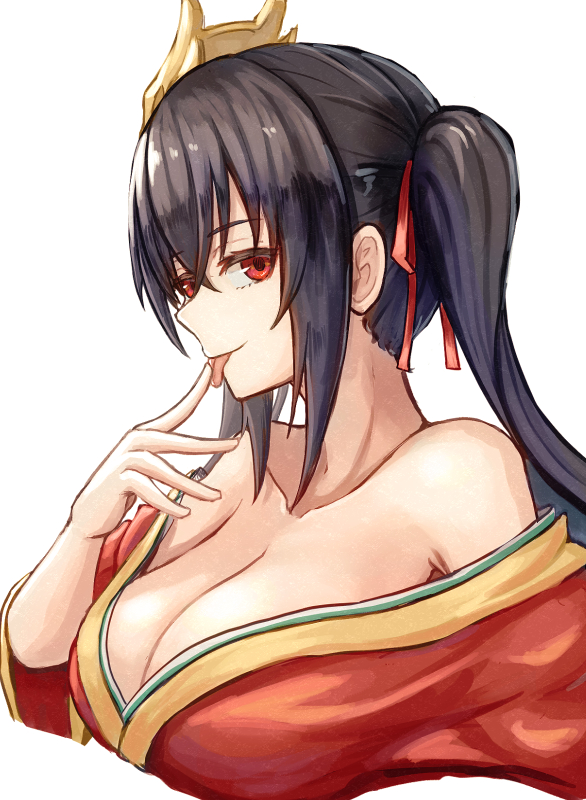 1girl azur_lane bangs bare_shoulders black_hair breasts cleavage closed_mouth collarbone crossed_bangs eyebrows_visible_through_hair finger_licking hair_between_eyes hair_ribbon hand_up japanese_clothes kimono large_breasts licking long_hair mask mask_on_head moppo off_shoulder red_eyes red_kimono red_ribbon ribbon simple_background smile solo taihou_(azur_lane) tongue tongue_out twintails upper_body white_background