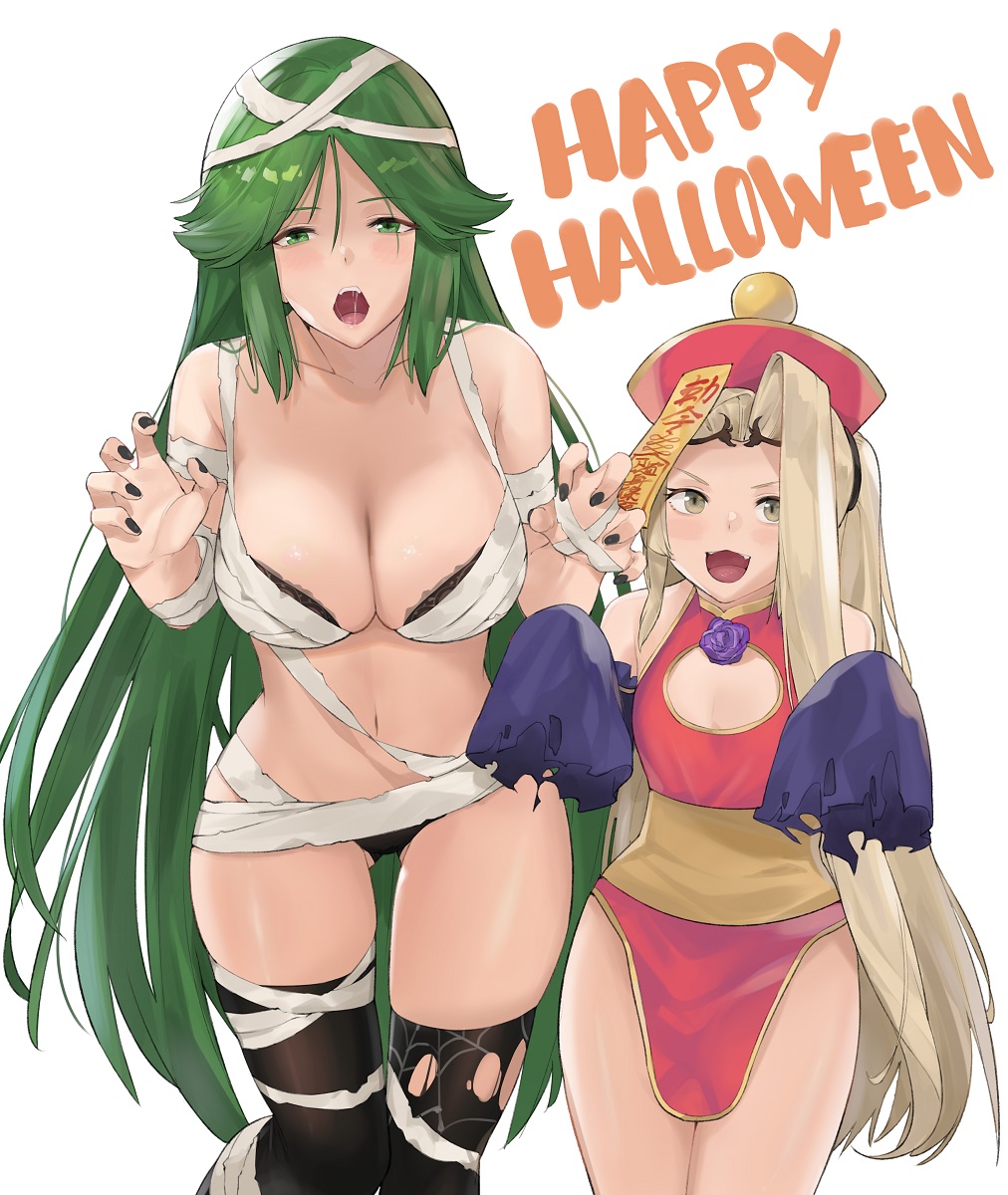 2girls ass_visible_through_thighs bandages bangs black_bra black_legwear black_nails black_panties bra breasts china_dress chinese_clothes claw_pose cleavage_cutout commentary detached_sleeves dress english_commentary fangs flat_chest ghost_pose green_eyes green_hair halloween_costume happy_halloween hat height_difference highres j@ck jiangshi jiangshi_costume kid_icarus kid_icarus_uprising large_breasts long_hair looking_at_viewer multiple_girls mummy_costume nachure nail_polish naked_bandage navel ofuda open_mouth palutena panties parted_bangs pelvic_curtain saliva short_dress spider_web_print strapless strapless_bra torn_clothes torn_legwear underwear very_long_hair
