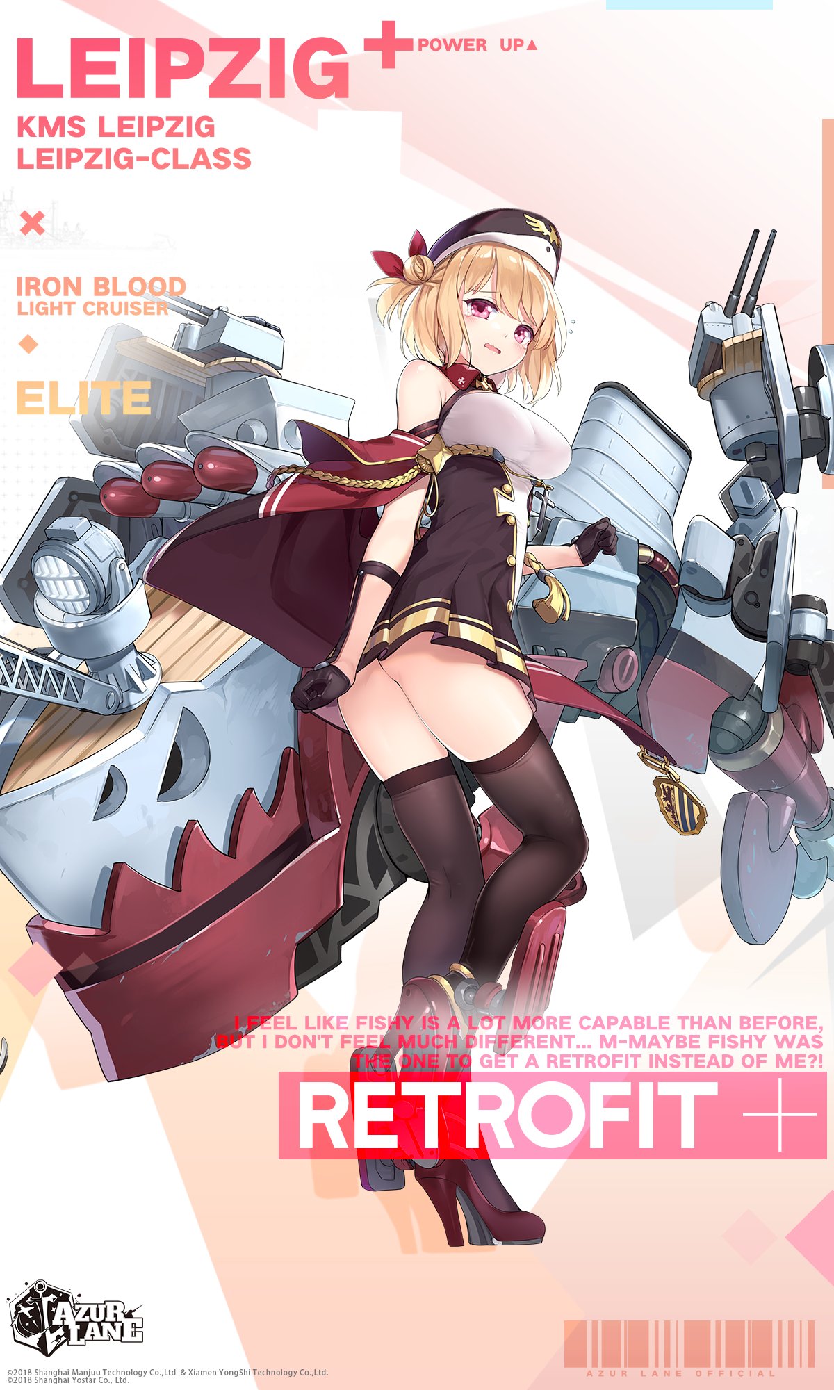1girl ass azur_lane bare_shoulders black_gloves black_headwear black_legwear blonde_hair blush breasts buttons character_name copyright_name crane dress english_commentary english_text flying_sweatdrops full_body gloves hair_bun hair_ribbon hat high_heels highres kaede_(003591163) leipzig_(azur_lane) looking_at_viewer looking_back machinery medium_breasts military_hat official_art one_side_up open_mouth pink_eyes pleated_dress retrofit_(azur_lane) ribbon rudder_footwear short_dress short_hair side_bun sleeveless sleeveless_dress smokestack solo standing standing_on_one_leg tears thighhighs thighs torpedo torpedo_launcher turret twisted_torso wavy_mouth wing_collar
