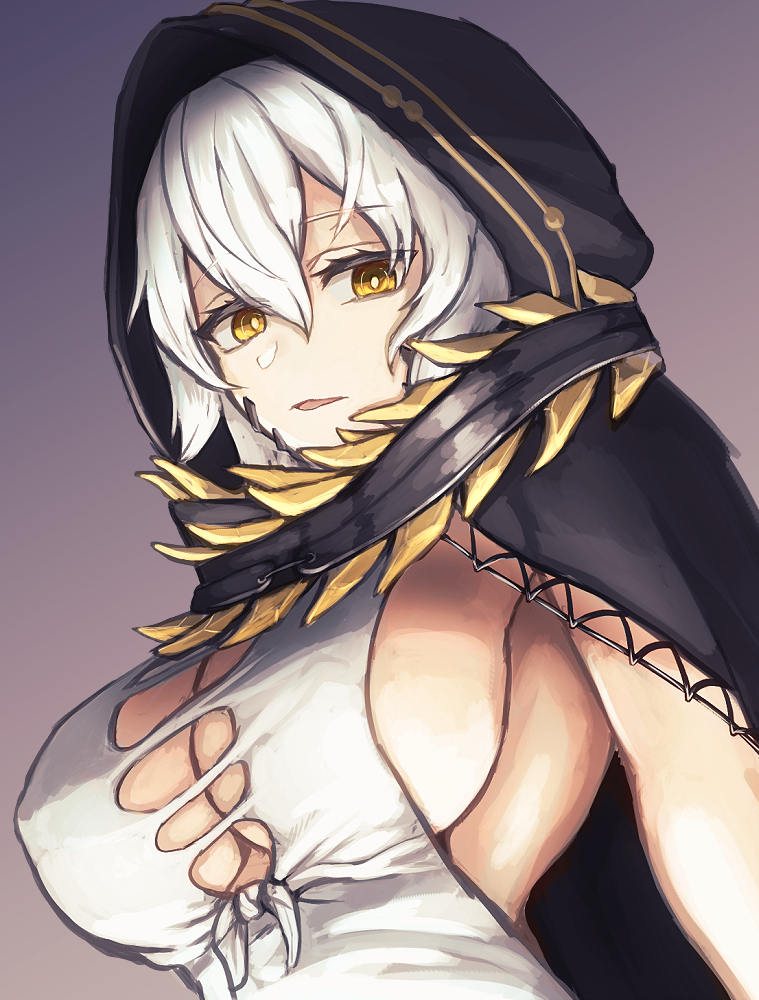 1girl bangs breasts bright_pupils code_vein covered_nipples eyebrows_visible_through_hair gradient gradient_background hair_between_eyes hood hood_up io_(code_vein) large_breasts moppo no_bra open_mouth short_hair sideboob solo torn_clothes upper_body white_hair yellow_eyes