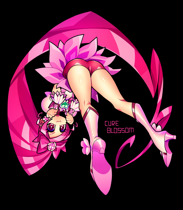 1girl ass bike_shorts black_background boots character_name choker clenched_hands clover_hair_ornament commentary cure_blossom four-leaf_clover_hair_ornament hair_ornament hanasaki_tsubomi heart heartcatch_precure! high_heel_boots high_heels knee_boots legs long_hair looking_at_viewer magical_girl ninomae pink_choker pink_eyes pink_hair ponytail pout precure puffy_short_sleeves puffy_sleeves shiny shiny_skin short_sleeves shorts shorts_under_skirt simple_background skirt solo upside-down very_long_hair wrist_cuffs