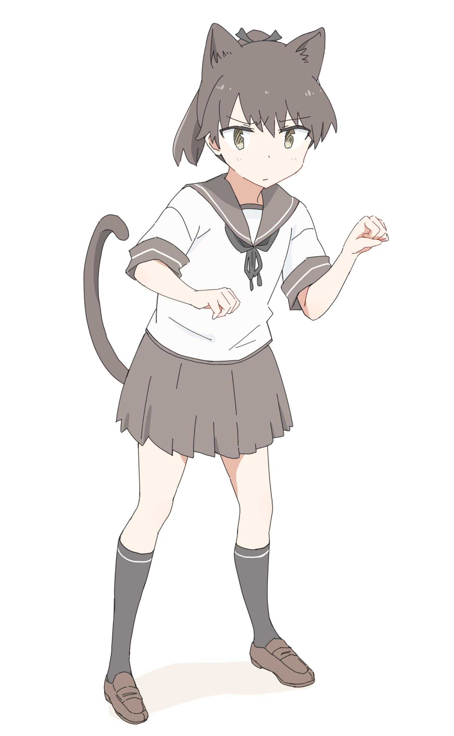 1girl absurdres animal_ears black_legwear black_ribbon brown_footwear brown_hair brown_skirt cat_ears cat_tail claw_pose eyebrows_visible_through_hair full_body hair_ribbon highres kantai_collection kneehighs loafers looking_at_viewer pleated_skirt ponytail ribbon sailor_collar school_uniform serafuku shikinami_(kantai_collection) shoes short_hair short_sleeves simple_background skirt solo tail wachi_(hati1186) white_background yellow_eyes