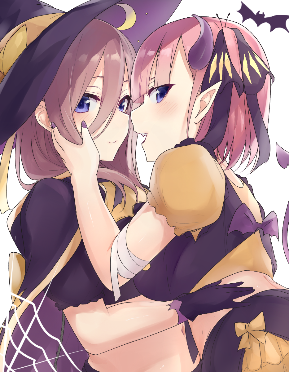 2girls :d bandaged_arm bandages bangs black_cape black_headwear black_ribbon black_skirt blush bow breasts brown_hair cape closed_mouth commentary_request crescent demon_girl demon_horns demon_tail demon_wings eyebrows_behind_hair fingernails go-toubun_no_hanayome hair_between_eyes hair_ribbon hand_on_another's_face hand_up hat hat_bow highres horns ichijou_(kr_neru0) incest medium_breasts midriff mini_wings multicolored multicolored_cape multicolored_clothes multiple_girls nail_polish nakano_miku nakano_nino open_mouth pink_hair profile puffy_short_sleeves puffy_sleeves purple_cape purple_eyes purple_nails purple_wings ribbon short_sleeves siblings simple_background sisters skirt smile tail tail_raised two_side_up white_background wings witch_hat yellow_bow yuri