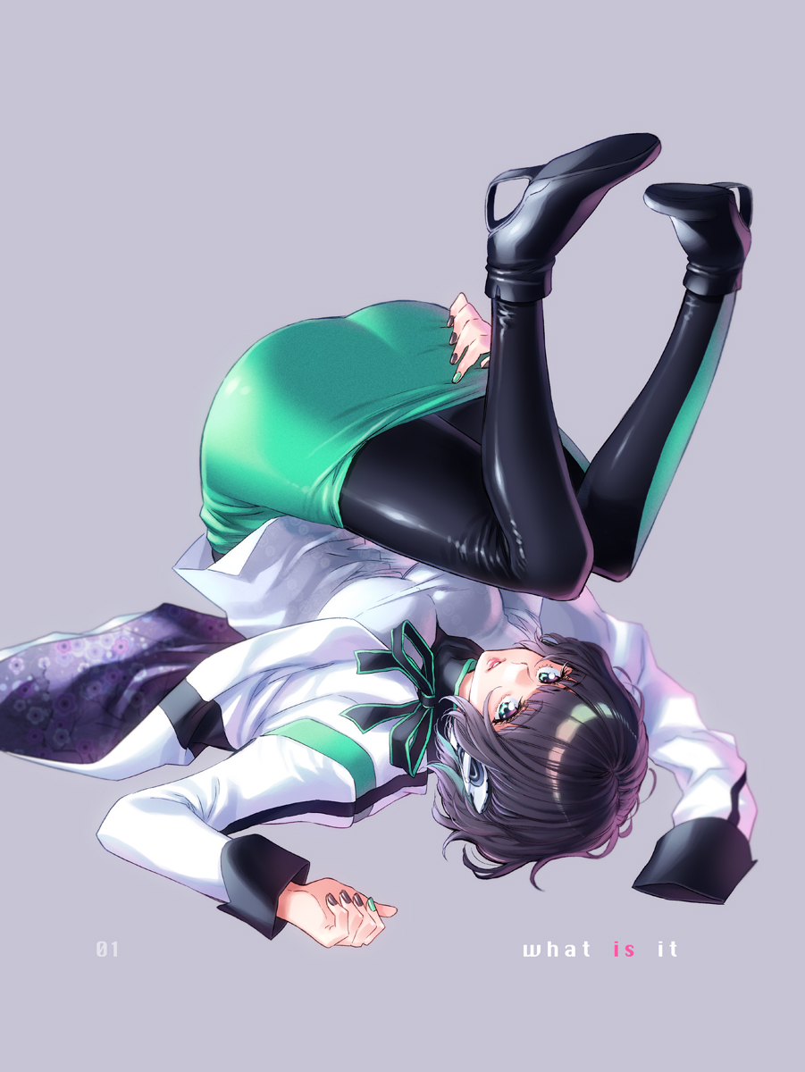 1girl aqua_eyes aqua_nails ass black_hair black_legwear black_nails breasts headgear highres humagear_headphones izu_(kamen_rider_01) kamen_rider kamen_rider_01_(series) looking_at_viewer lying on_back parted_lips pencil_skirt skirt solo takanashi_ringo