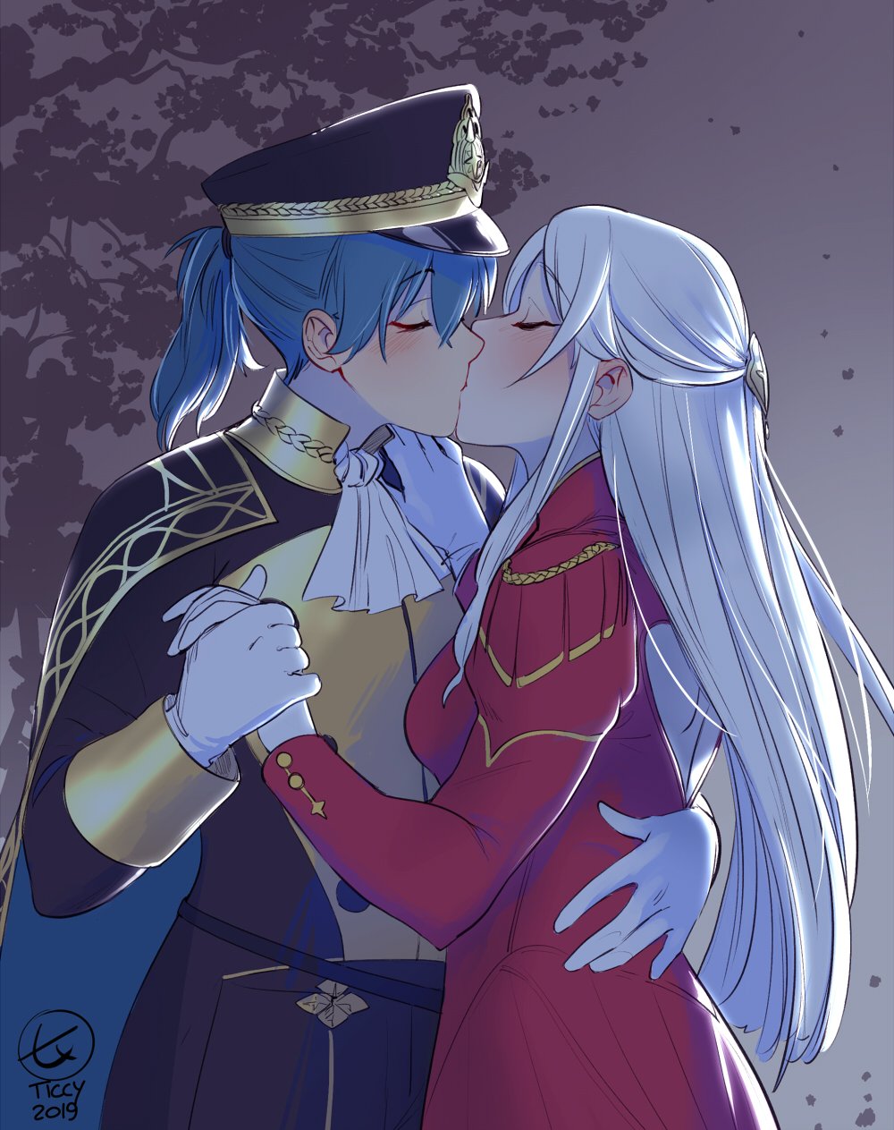 2girls alternate_hairstyle arm_around_waist blush byleth_(fire_emblem) byleth_(fire_emblem)_(female) cape closed_eyes commentary couple cravat edelgard_von_hresvelg fire_emblem fire_emblem:_three_houses hat highres holding_hands kiss long_hair multiple_girls night peaked_cap ponytail silver_hair ticcy tree tree_branch upper_body yuri