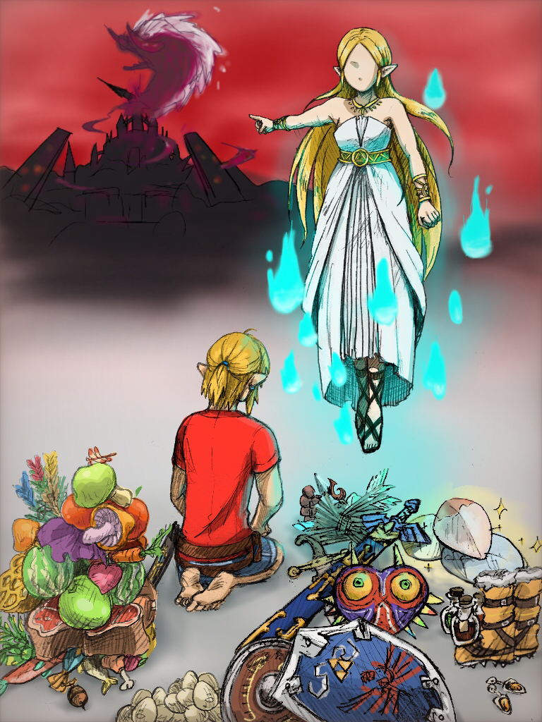 1boy 1girl arm_at_side bare_shoulders barefoot blonde_hair castle clenched_hand commentary_request cosboc_aogis dress faceless faceless_female facing_another facing_away floating food fruit full_body ganon hand_up jewelry link long_hair mask master_sword meat mushroom necklace outstretched_arm pointing pointing_to_the_side pointy_ears ponytail princess_zelda red_sky seiza shirt short_hair short_sleeves shorts sidelocks sitting sky soles sparkle strapless strapless_dress sword the_legend_of_zelda the_legend_of_zelda:_breath_of_the_wild the_legend_of_zelda:_majora's_mask toes very_long_hair watermelon weapon