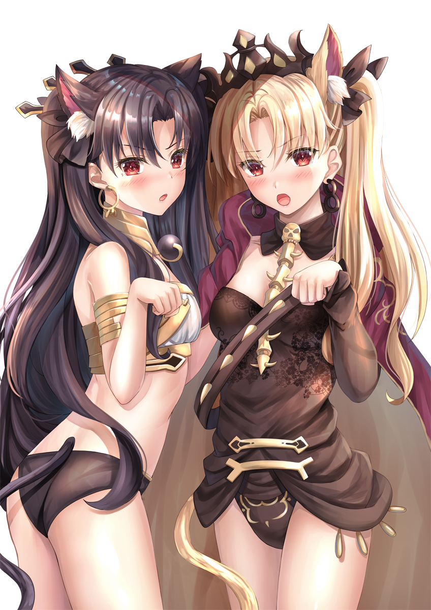 2girls animal_ear_fluff animal_ears black_earrings black_hair black_panties blonde_hair blush breasts cape cat_ears cat_tail cleavage earrings ereshkigal_(fate/grand_order) eyebrows_visible_through_hair fate/grand_order fate_(series) highres hoop_earrings ishtar_(fate/grand_order) jewelry kemonomimi_mode long_hair looking_at_viewer medium_breasts multiple_girls open_mouth panties red_eyes siblings simple_background sisters standing tail toshi_(1-147) two_side_up underwear white_background yellow_earrings