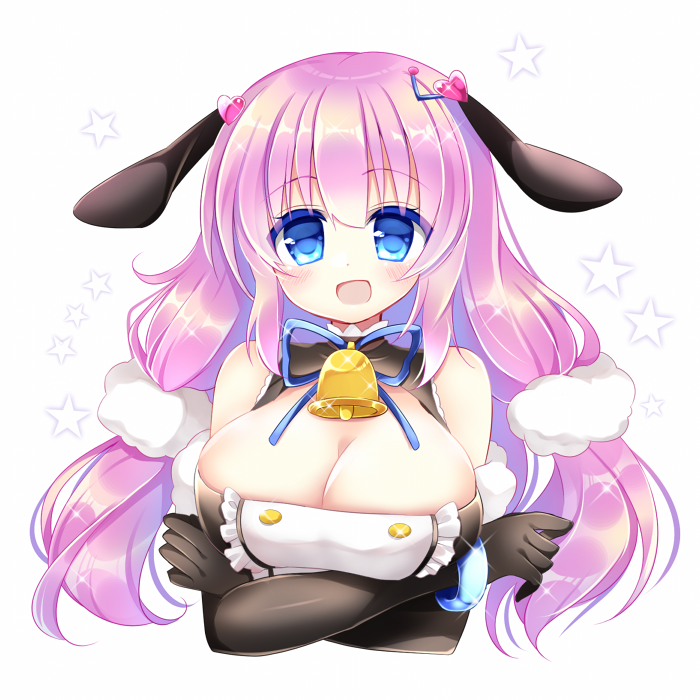 1girl :d animal_ears arms_under_breasts azur_lane bangs bell black_gloves blue_eyes blue_ribbon blush breast_hold breasts cleavage cropped_torso crossed_arms detached_sleeves dress elbow_gloves eyebrows_visible_through_hair gloves hair_between_eyes hair_ornament hairclip large_breasts long_hair looking_at_viewer neck_ribbon open_mouth pink_hair portrait ribbon shikito simple_background sleeveless sleeveless_dress smile solo star starry_background suffolk_(azur_lane) upper_body white_background
