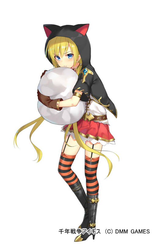 1girl alexmaster animal_ears animal_hood bangs black_footwear black_jacket blonde_hair blue_eyes blush boots brown_gloves cat_ears cat_hood closed_mouth commentary_request eyebrows_visible_through_hair fake_animal_ears full_body garter_straps gloves hair_between_eyes high_heel_boots high_heels hood hood_up hooded_jacket jacket long_hair object_hug official_art pleated_skirt red_skirt sennen_sensou_aigis seven_(sennen_sensou_aigis) shirt short_sleeves simple_background skirt solo standing standing_on_one_leg striped striped_legwear thighhighs thighhighs_under_boots twintails very_long_hair watermark white_background white_shirt