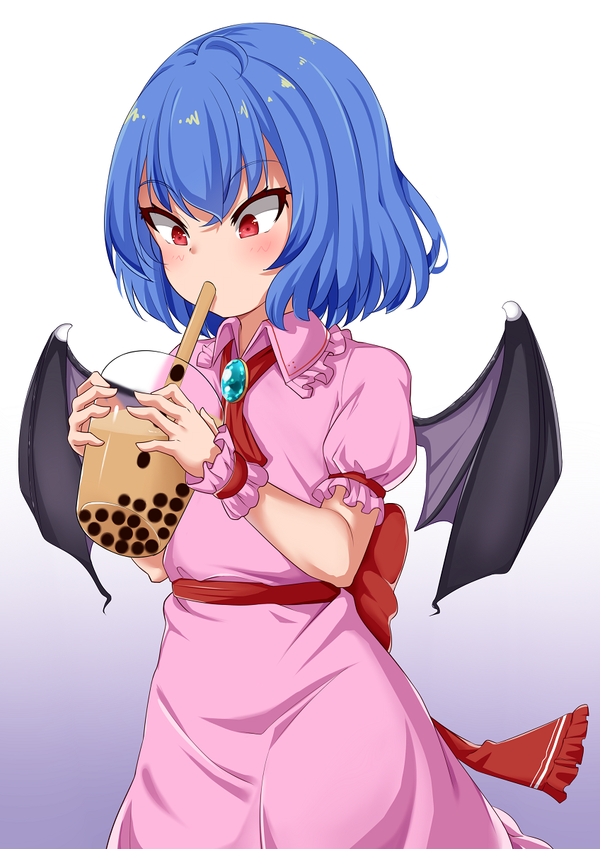 1girl bangs bat_wings blouse blue_hair blush brooch bubble_tea commentary cowboy_shot cravat cup disposable_cup drinking drinking_straw eyebrows_visible_through_hair frilled_shirt_collar frills gradient gradient_background grey_background highres holding holding_cup jewelry kyouran looking_down no_headwear pink_blouse pink_skirt puffy_short_sleeves puffy_sleeves red_eyes red_neckwear remilia_scarlet sash short_hair short_sleeves skirt skirt_set solo standing touhou white_background wings wrist_cuffs