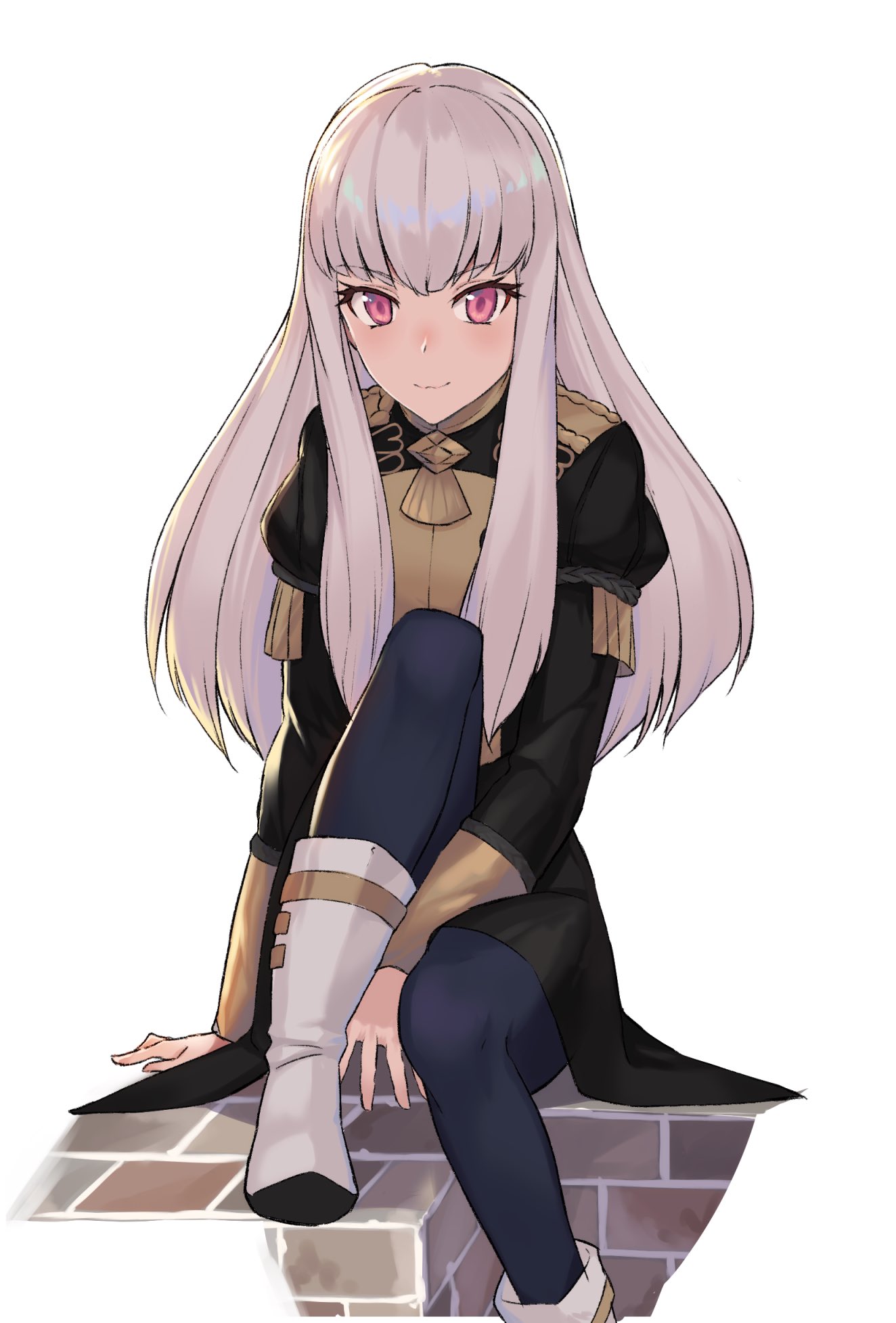 1girl blue_legwear closed_mouth epaulettes fire_emblem fire_emblem:_three_houses garreg_mach_monastery_uniform highres long_hair long_sleeves lysithea_von_ordelia nyorotono pantyhose pink_eyes simple_background sitting solo uniform white_background white_hair