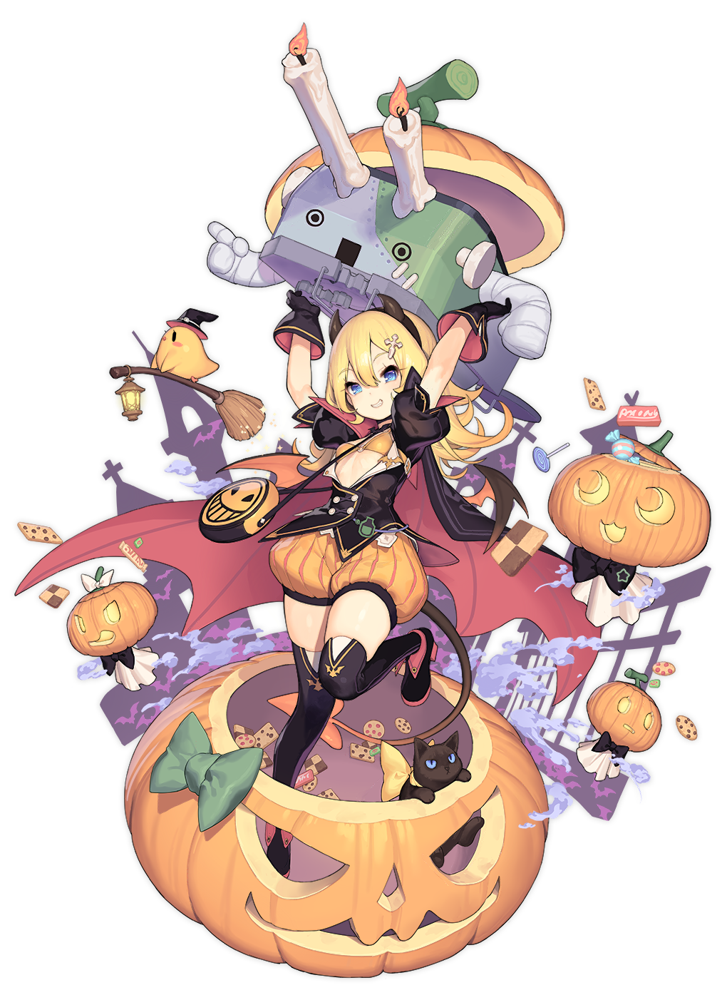 1girl abercrombie_(azur_lane) animal arms_up azur_lane bikini_top bird black_gloves black_jacket black_legwear blonde_hair blue_eyes bow breasts broom candle candy cape carrying cat chick cookie double-breasted food full_body gloves hair_ornament hairband halloween hat highres horns jack-o'-lantern jacket lantern leg_up lollipop long_hair looking_at_viewer machinery manjuu_(azur_lane) o-ring o-ring_top official_art open_mouth orange_bikini_top orange_shorts puffy_short_sleeves puffy_sleeves pumpkin shoes short_sleeves shorts small_breasts smile solo swirl_lollipop thighhighs transparent_background tsliuyixin witch_hat