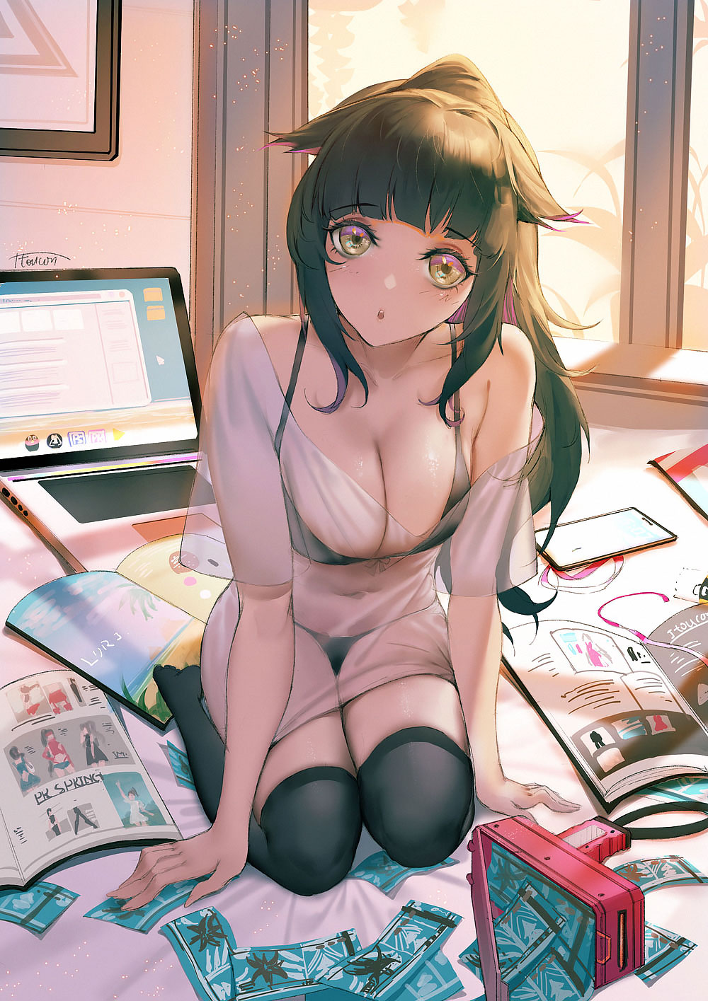 1girl animal_ears arknights artist_name bangs bikini black_bra black_hair black_legwear black_panties blunt_bangs blush bow bow_bra bra breasts cleavage computer eyebrows_visible_through_hair eyelashes head_tilt high_ponytail highleg highleg_bikini highres indoors itoucon jessica_(arknights) laptop large_breasts long_hair looking_at_viewer navel off-shoulder_shirt off_shoulder on_bed panties parted_lips ponytail see-through shirt sidelocks signature sitting solo string_panties swimsuit thighhighs thighs underwear wariza weibo_username yellow_eyes