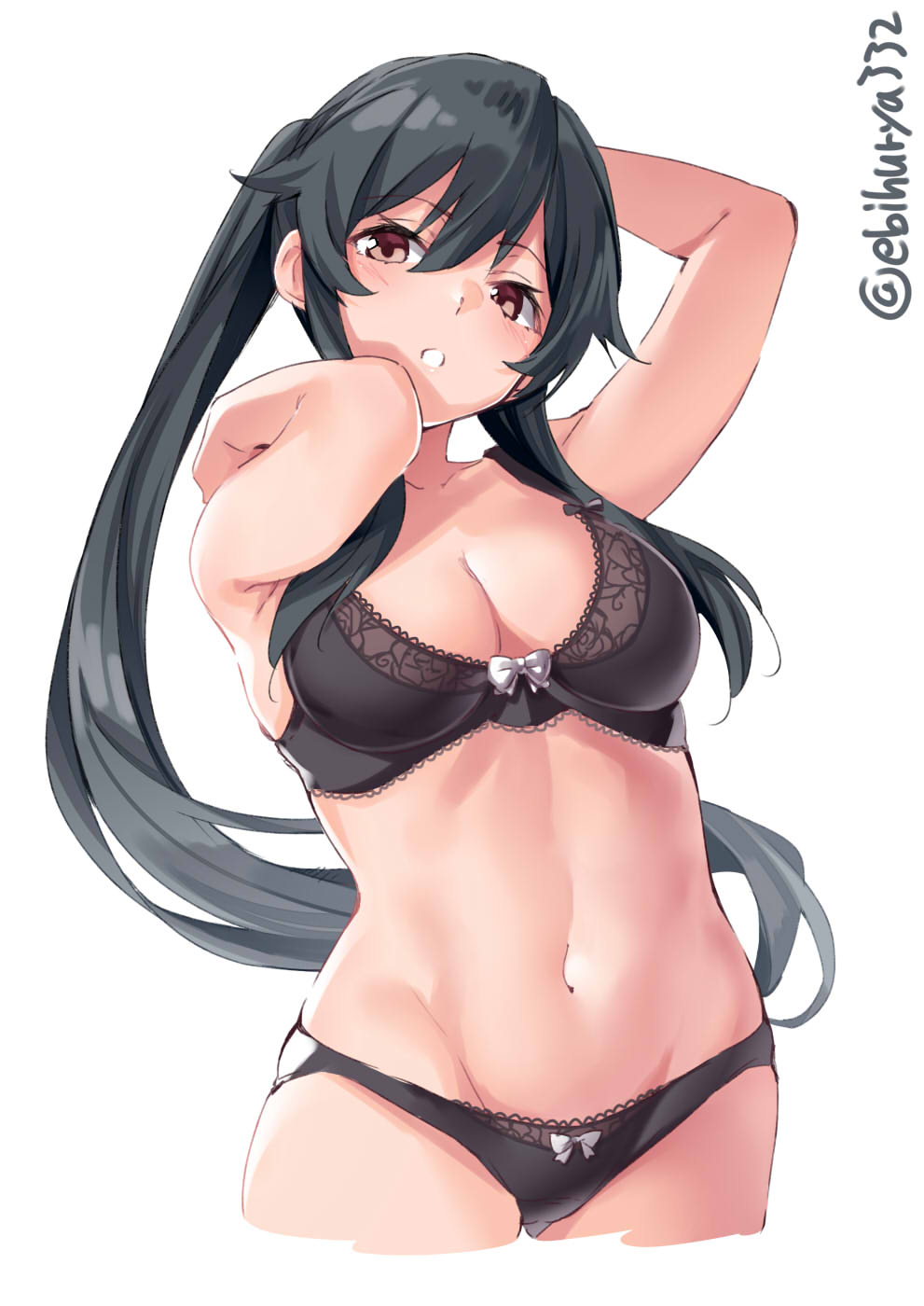 1girl :o arms_behind_head arms_up ass_visible_through_thighs bangs bare_arms bare_shoulders black_bra black_hair black_panties blush bow bow_bra bow_panties bra breasts brown_eyes commentary cowboy_shot cropped_legs ebifurya eyebrows_visible_through_hair groin hand_behind_head highres kantai_collection lace lace-trimmed_bra lace-trimmed_panties lingerie long_hair looking_at_viewer medium_breasts navel open_mouth panties ponytail sidelocks simple_background skindentation solo stomach symbol_commentary twitter_username underwear underwear_only very_long_hair white_background yahagi_(kantai_collection)