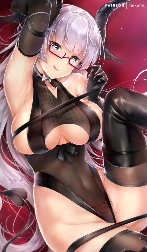 1girl :q arm_up armpits artist_name azur_lane bangs bare_shoulders black_leotard blue_eyes blush breasts covered_navel demon_horns demon_tail eyebrows_visible_through_hair glasses gloves gneisenau_(azur_lane) gneisenau_(nightmarish_succubus)_(azur_lane) halloween_costume heart heart-shaped_pupils heart_tattoo horns knee_up large_breasts leotard long_hair looking_at_viewer pubic_tattoo purple_hair reclining rectangular_eyewear red-framed_eyewear rei_kun see-through semi-rimless_eyewear skindentation smile solo symbol-shaped_pupils tail tattoo thighhighs tongue tongue_out underboob_cutout very_long_hair