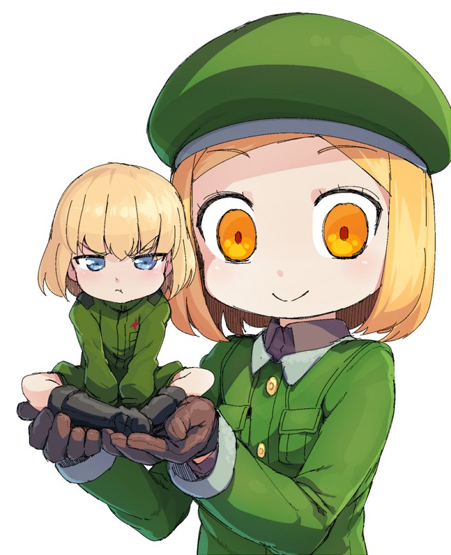 2girls :t bangs beret black_footwear blonde_hair blue_eyes boots brown_gloves closed_mouth commentary crossover eyebrows_visible_through_hair fate/grand_order fate_(series) frown giantess girls_und_panzer gloves green_coat green_headwear green_jumpsuit hat holding_person jumpsuit katyusha looking_at_viewer magenta_(atyana) multiple_girls paul_bunyan_(fate/grand_order) pout pravda_military_uniform short_hair short_jumpsuit simple_background smile standing v-shaped_eyebrows white_background yellow_eyes