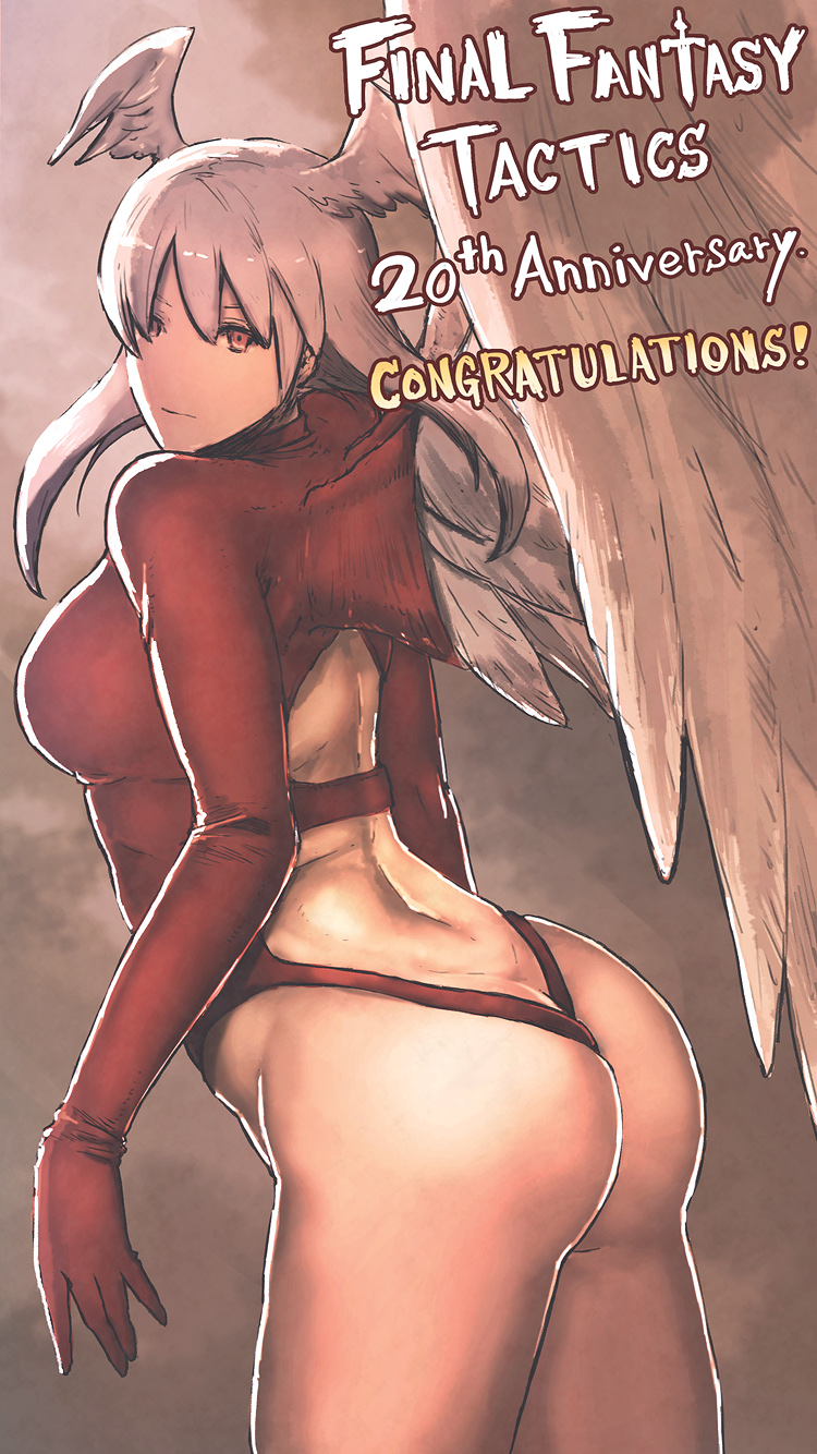 1girl angel_wings anniversary ass breasts closed_mouth commentary_request congratulations copyright_name final_fantasy final_fantasy_tactics gloves head_wings highleg highleg_leotard highres leotard long_hair looking_at_viewer red_eyes red_leotard silver_hair simple_background solo sukua55 ultima_(fft) white_hair wings