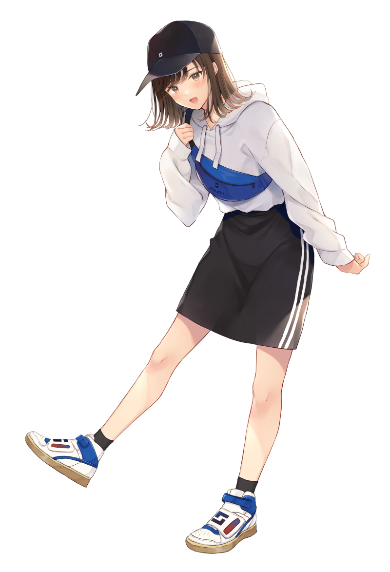 1girl :d bad_id bad_pixiv_id bag baseball_cap black_headwear black_legwear black_skirt brown_eyes brown_hair drawstring fanny_pack full_body hand_up hat hood hood_down hoodie long_sleeves looking_at_viewer medium_hair noda_shuha open_mouth original pencil_skirt shoes sidelocks simple_background skirt smile sneakers socks solo standing standing_on_one_leg white_background white_footwear white_hoodie