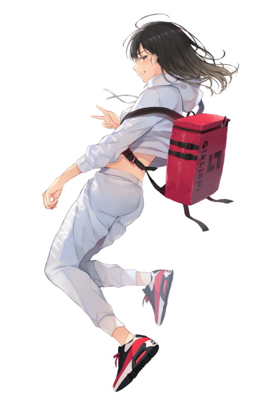 1girl ahoge ass backpack bag black_eyes black_hair breasts commentary_request crop_top crop_top_overhang drawstring full_body grin hood hood_down hoodie long_hair long_sleeves looking_at_viewer looking_back midriff noda_shuha original pants profile shoes simple_background small_breasts smile sneakers solo v white_background white_hoodie white_pants