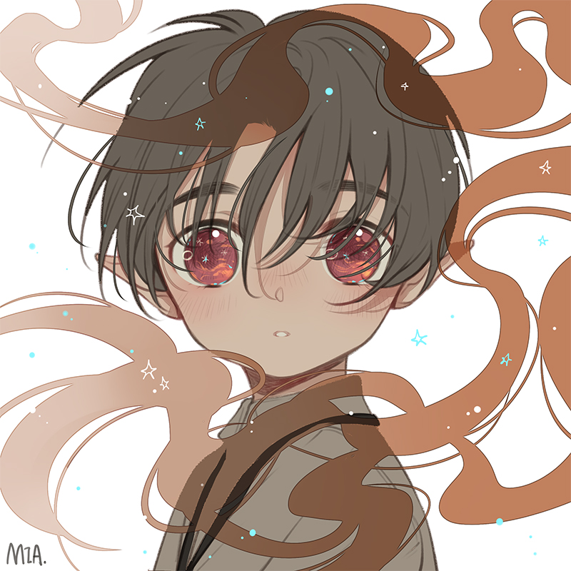 1boy bangs black_hair blush brown_hair looking_at_viewer majo_shuukai_de_aimashou mia0309 original parted_lips pointy_ears portrait red_eyes solo surprised white_background