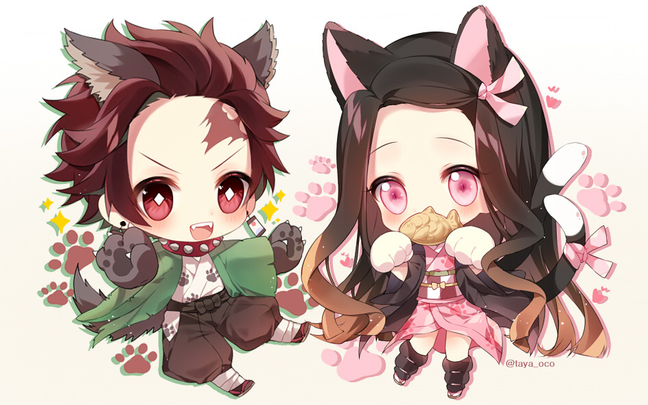 1boy 1girl :d animal_ears bangs black_hair black_legwear black_pants blush brother_and_sister brown_background brown_hair cat_ears cat_girl cat_tail checkered chibi commentary_request earrings fangs food food_in_mouth forehead gloves gradient gradient_background gradient_hair grey_gloves hair_ribbon heart jacket japanese_clothes jewelry kamado_nezuko kamado_tanjirou kemonomimi_mode kimetsu_no_yaiba kimono long_hair long_sleeves mouth_hold multicolored_hair multiple_tails obi open_clothes open_jacket open_mouth pants parted_bangs paw_gloves paw_print paws pink_eyes pink_kimono pink_ribbon print_kimono red_eyes ribbon sash siblings smile socks sparkle tail taiyaki taya_5323203 twitter_username two_tails v-shaped_eyebrows very_long_hair wagashi white_background white_gloves white_kimono wolf_boy wolf_ears wolf_tail