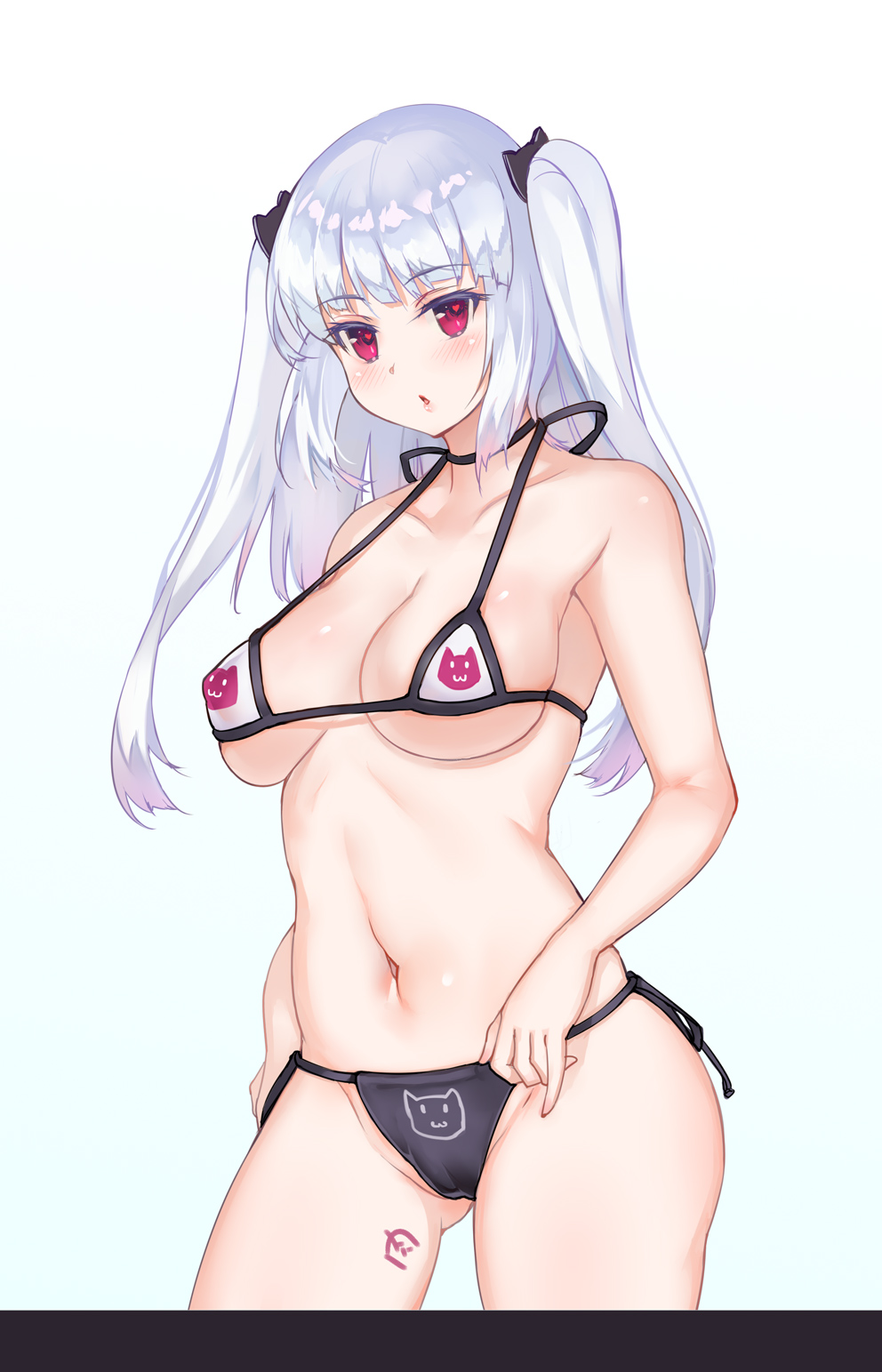 1girl alternate_costume bikini black_bikini_bottom breasts cameltoe cowboy_shot essex_(warship_girls_r) eyebrows_visible_through_hair g.h_(gogetsu) highres long_hair medium_breasts mismatched_bikini multicolored_bikini_top navel print_bikini red_eyes side-tie_bikini silver_hair solo swimsuit twintails warship_girls_r white_bikini_top