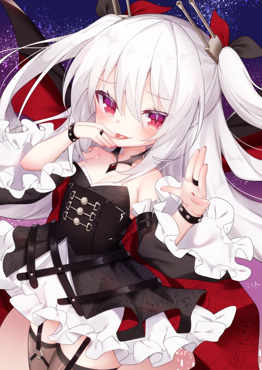 1girl :p azur_lane bangs black_dress black_ribbon black_sleeves blush bracelet breasts brown_legwear cleavage closed_mouth commentary_request detached_sleeves dress eyebrows_visible_through_hair garter_straps hair_between_eyes hair_ornament hair_ribbon hands_up highres jewelry koko_ne_(user_fpm6842) long_hair long_sleeves looking_at_viewer red_eyes red_ribbon ribbon ring small_breasts smile solo spiked_bracelet spikes strapless strapless_dress thighhighs tongue tongue_out two_side_up vampire_(azur_lane) very_long_hair white_hair wide_sleeves