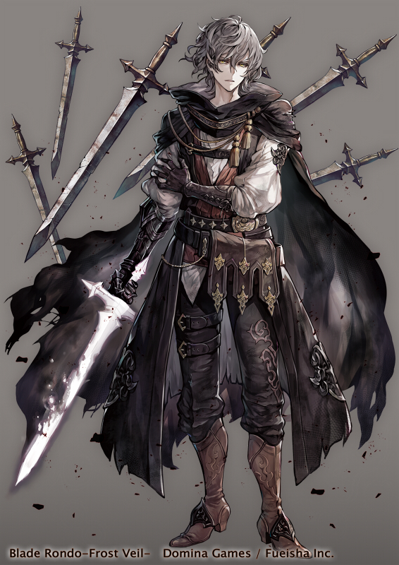 1boy armor belt belt_buckle black_cloak boots broken broken_weapon brown_footwear brown_gloves buckle chain cloak floating floating_swords floating_weapon gauntlets gloves glowing glowing_weapon grey_background grey_hair holding holding_sword holding_weapon male_focus official_art original parted_lips pouch senano-yu simple_background solo standing sword thigh_strap torn_clothes vambraces weapon yellow_eyes