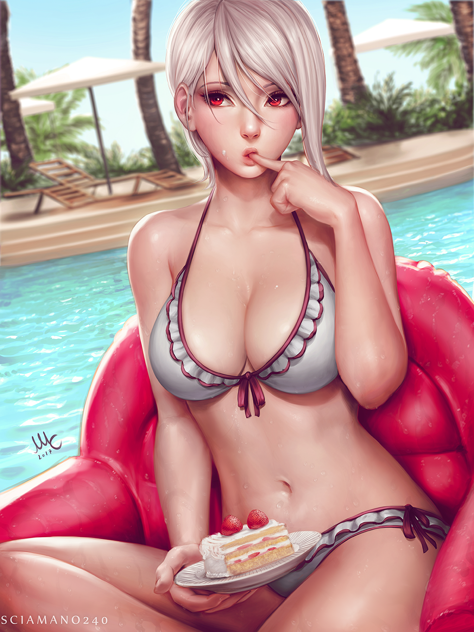 1girl artist_name beach_umbrella bikini blurry bow_bikini breasts cake chair cleavage collarbone day depth_of_field eyelashes finger_sucking food food_on_face frilled_bikini frills fruit hair_between_eyes halterneck highres holding holding_plate icing inflatable_chair large_breasts lips lounge_chair nakiri_alice navel nose outdoors palm_tree plate pool realistic red_eyes sciamano240 shokugeki_no_souma short_hair signature silver_hair sitting slice_of_cake solo stomach strawberry strawberry_shortcake swimsuit tree umbrella water watermark wet white_bikini