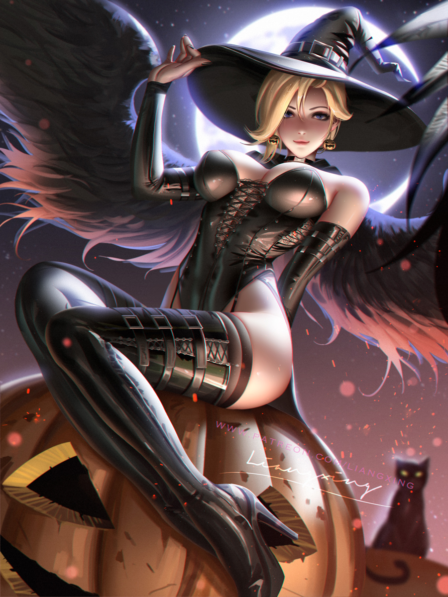 1girl alternate_costume black_footwear black_gloves black_legwear black_leotard black_wings blonde_hair blue_eyes blurry blurry_background boots breasts bridal_gauntlets cat crescent_moon earrings elbow_gloves food_themed_earrings gloves halloween_costume hat high_heel_boots high_heels highres jack-o'-lantern jack-o'-lantern_earrings jewelry leotard liang_xing lips looking_at_viewer medium_breasts mercy_(overwatch) moon night overwatch pumpkin_earrings signature sitting smile solo spread_wings strapless strapless_leotard thigh_boots thighhighs thighhighs_under_boots wings witch witch_hat witch_mercy