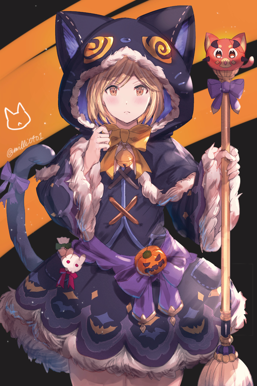 &gt;:( 1girl animal_ears animal_hood bell black_background black_capelet black_jacket black_skirt blonde_hair blush bow brown_eyes capelet cat_ears cat_girl cat_hood cat_tail closed_mouth cosplay djeeta_(granblue_fantasy) fake_animal_ears fur-trimmed_hood fur-trimmed_skirt fur-trimmed_sleeves fur_trim granblue_fantasy highres hikawa_kyoka hikawa_kyoka_(cosplay) holding hood hood_up hooded_capelet jack-o'-lantern jacket jingle_bell long_sleeves looking_at_viewer milli_little orange_bow princess_connect! princess_connect!_re:dive purple_bow skirt sleeves_past_wrists solo tail tail_bow tail_raised twitter_username two-tone_background v-shaped_eyebrows vee_(granblue_fantasy) wide_sleeves yellow_bow