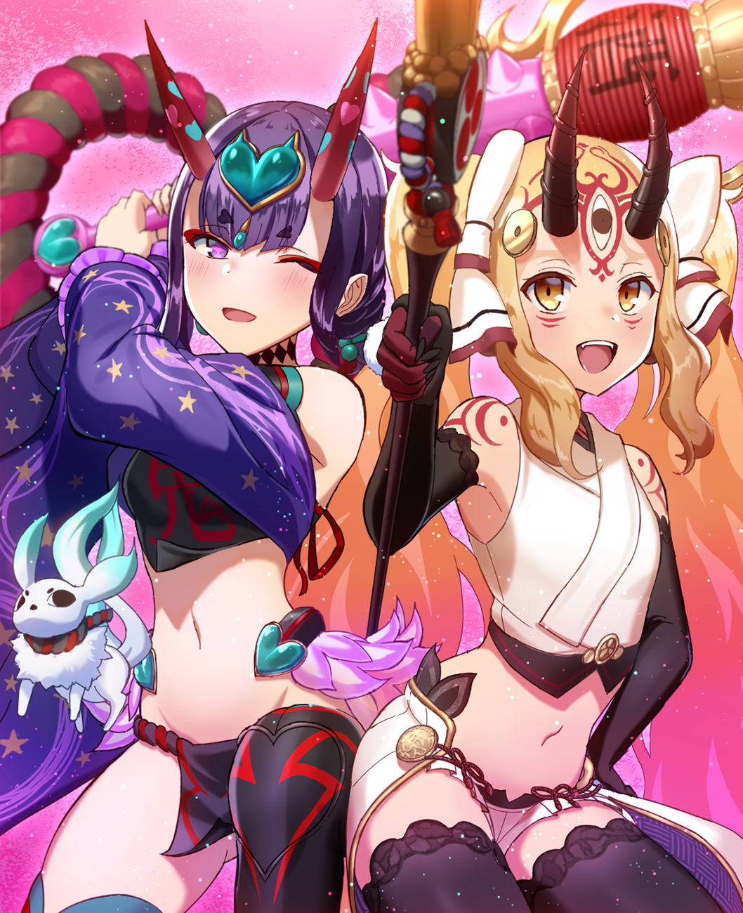 2girls :d ;d bare_shoulders black_legwear blonde_hair blurry blurry_foreground blush brown_eyes chinese_clothes club commentary_request creature crop_top depth_of_field detached_sleeves dudou eyeshadow facial_mark fang fate/grand_order fate_(series) forehead_mark fundoshi gradient_hair groin headpiece heart highres holding horns ibaraki_douji_(fate/grand_order) ibaraki_douji_(swimsuit_lancer)_(fate) japanese_clothes long_hair long_sleeves looking_at_viewer makeup mikomiko_(mikomikosu) multicolored_hair multiple_girls navel one_eye_closed oni oni_horns open_mouth pink_hair purple_eyes purple_hair purple_sleeves short_eyebrows shuten_douji_(fate/grand_order) shuten_douji_(halloween_caster)_(fate) skin-covered_horns smile spiked_club star star_print thick_eyebrows thighhighs twintails two-handed very_long_hair weapon wide_sleeves