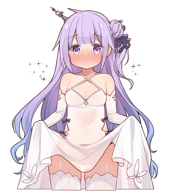 1girl azur_lane bare_shoulders black_bow black_ribbon blush bow breasts cleavage closed_mouth commentary cowboy_shot criss-cross_halter cropped_legs detached_sleeves dress dress_lift hair_bun hair_ribbon halterneck lifted_by_self long_hair long_sleeves looking_at_viewer nose_blush one_side_up purple_eyes purple_hair ribbon see-through see-through_silhouette side_bun simple_background small_breasts solo sparkle thighhighs tsuka unicorn_(azur_lane) very_long_hair white_background white_dress white_legwear white_sleeves