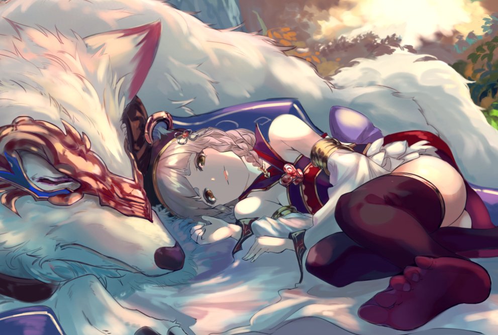 1girl bangs bare_shoulders beret black_headwear blunt_bangs braid brown_eyes closed_eyes detached_sleeves feet granblue_fantasy hair_ornament hakutaku_(granblue_fantasy) hat lying multiple_braids no_shoes nos on_side pholia short_eyebrows silver_hair thick_eyebrows thighhighs white_wolf wolf