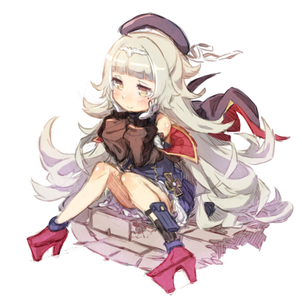 1girl azur_lane bangs blunt_bangs blush closed_mouth codeblueocean commentary_request eyebrows_visible_through_hair gloves grey_hair hands_on_own_cheeks hands_on_own_face hat headpiece iron_cross jacket knees_up leg_strap long_hair long_sleeves looking_to_the_side lovestruck mole mole_under_eye puffy_sleeves shoes sidewalk simple_background sitting sketch smile solo very_long_hair white_background white_gloves yellow_eyes z46_(azur_lane)