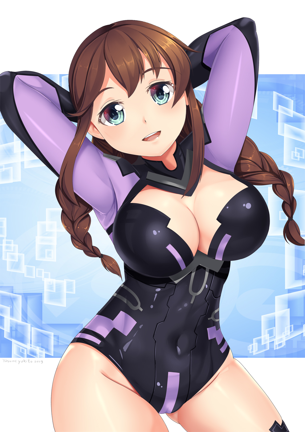 1girl arms_behind_head arms_up bangs blue_eyes braid breasts brown_hair choujigen_game_neptune cleavage cosplay covered_navel dated highres kantai_collection large_breasts leotard long_hair looking_at_viewer neptune_(series) noshiro_(kantai_collection) purple_heart purple_heart_(cosplay) smile solo twin_braids twitter_username yasume_yukito