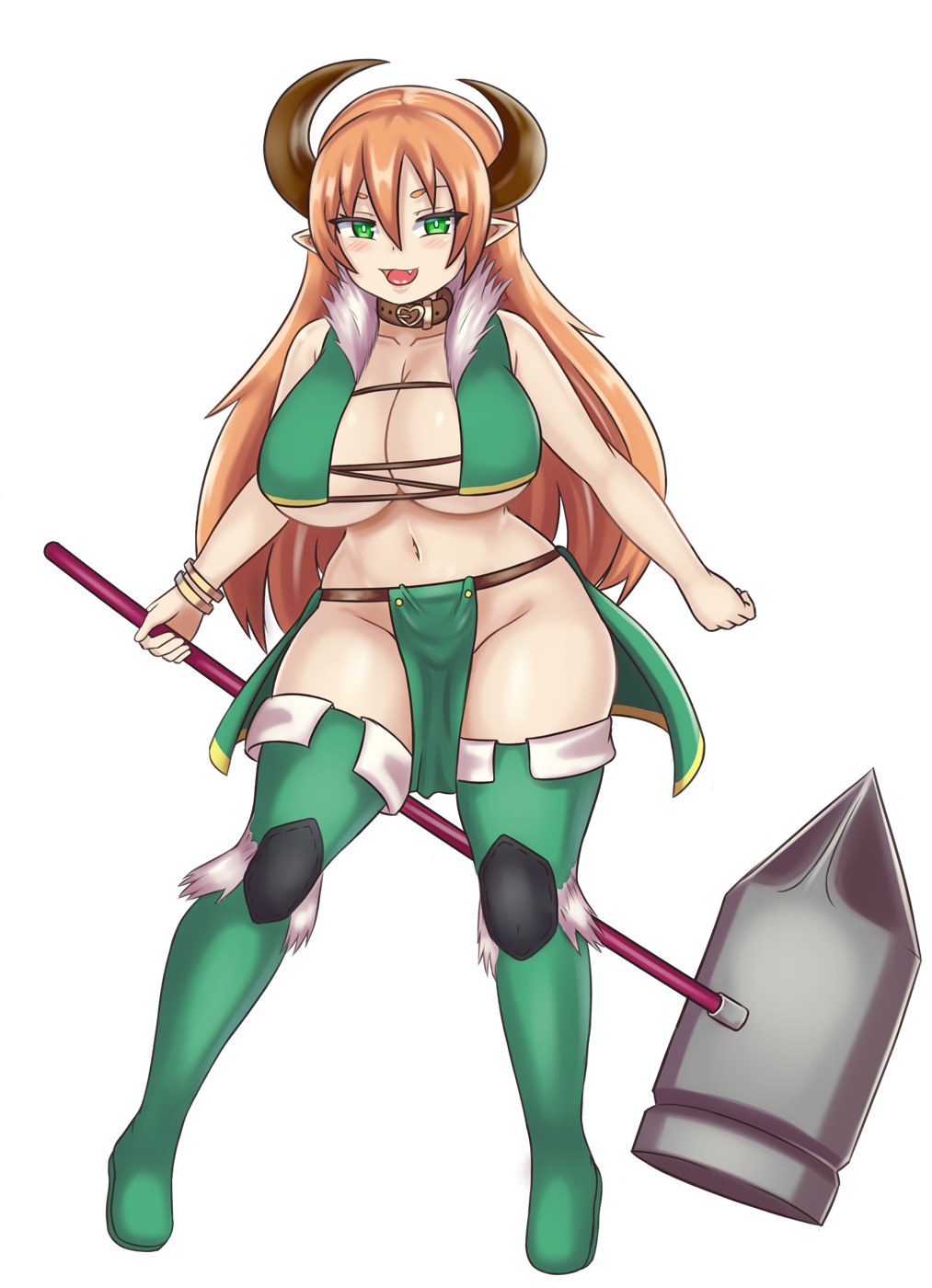 1girl :d asymmetrical_horns bangs bare_arms bare_shoulders belt_collar boots bracelet breasts cleavage collar collarbone commentary commission fang full_body fur_collar green_eyes green_footwear groin hair_between_eyes hammer highres hobgoblin horns jewelry large_breasts legs_apart long_hair looking_at_viewer monster_girl_encyclopedia nav navel open_mouth orange_hair pelvic_curtain pointy_ears simple_background smile solo thigh_boots thighhighs very_long_hair waist_cape white_background wide_hips