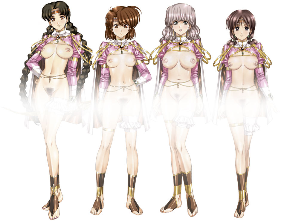 barefoot barefoot_sandals barubaresu_no_musume blue_eyes bottomless bow_(weapon) breastless_clothes breasts breasts_apart brown_eyes brown_hair cape hand_on_hip headband legs medium_breasts multiple_girls ponytail pubic_hair pussy small_breasts smile toeless_legwear urushihara_satoshi weapon white_hair