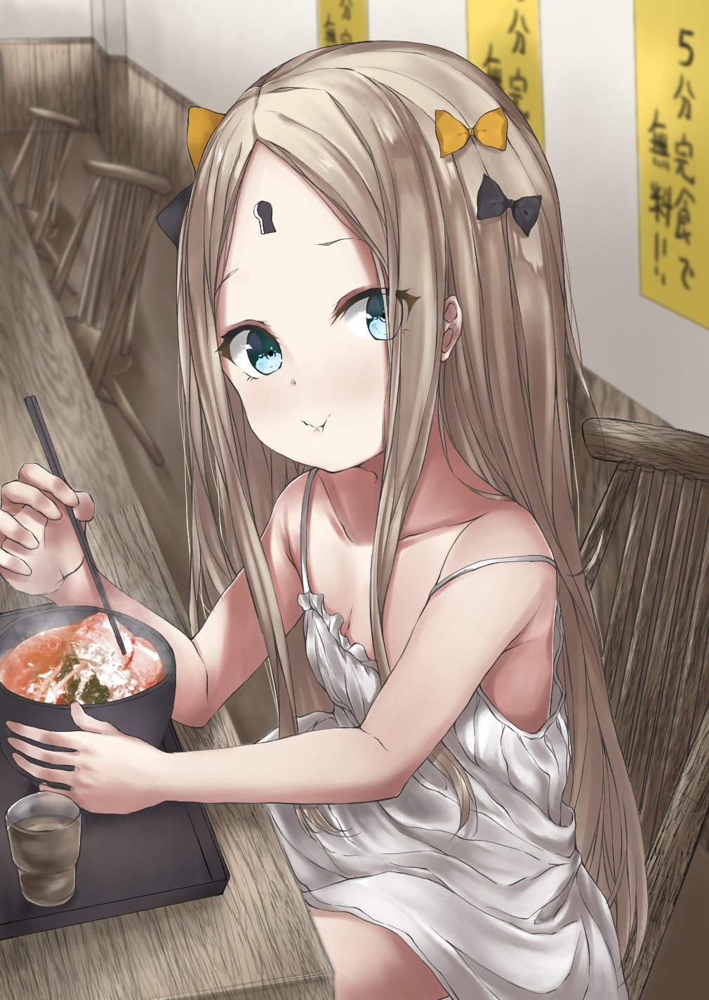 1girl abigail_williams_(fate/grand_order) bangs bare_shoulders black_bow blonde_hair blue_eyes blush bow bowl breasts closed_mouth collarbone cup eating fate/grand_order fate_(series) food forehead hair_bow highres keyhole long_hair looking_at_viewer multiple_hair_bows orange_bow parted_bangs parusu_(ehyfhugj) sitting small_breasts solo table white_camisole