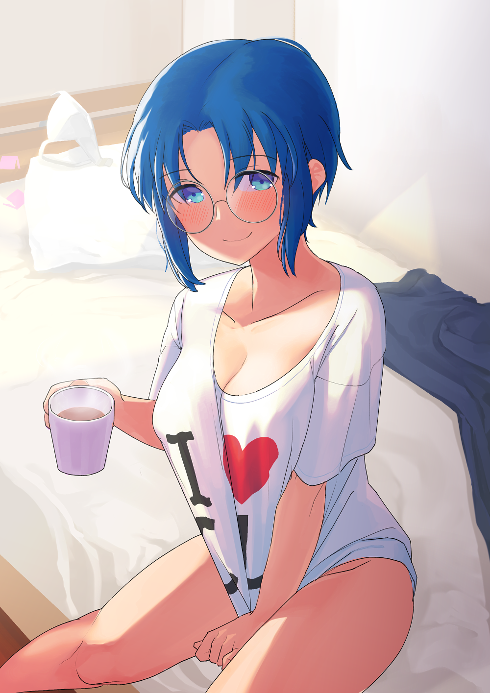 1girl akatsu bangs bed between_legs blue_eyes blue_hair blush bottomless bra bra_removed breasts ciel coffee collarbone condom_wrapper cup glasses groin hair_intakes hand_between_legs hand_up head_tilt heart heart_print highres holding holding_cup indoors looking_at_viewer medium_breasts naked_shirt on_bed parted_bangs pillow print_shirt revision round_eyewear shirt shirt_tug short_hair short_sleeves sidelocks sitting smile solo steam tsukihime underwear