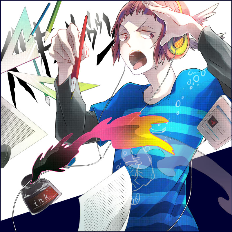 1boy arms_up bakuman blue_background blue_shirt bowl_cut colored_pencil colorful digital_media_player fingernails floating fountain_pen gradient headphones hinatsu holding holding_pen ink long_sleeves looking_away male_focus niizuma_eiji open_mouth pages pen pencil red_eyes red_hair ruler shaded_face shirt simple_background striped striped_shirt teeth tongue tongue_out two-tone_background upper_body upper_teeth v-shaped_eyebrows white_background