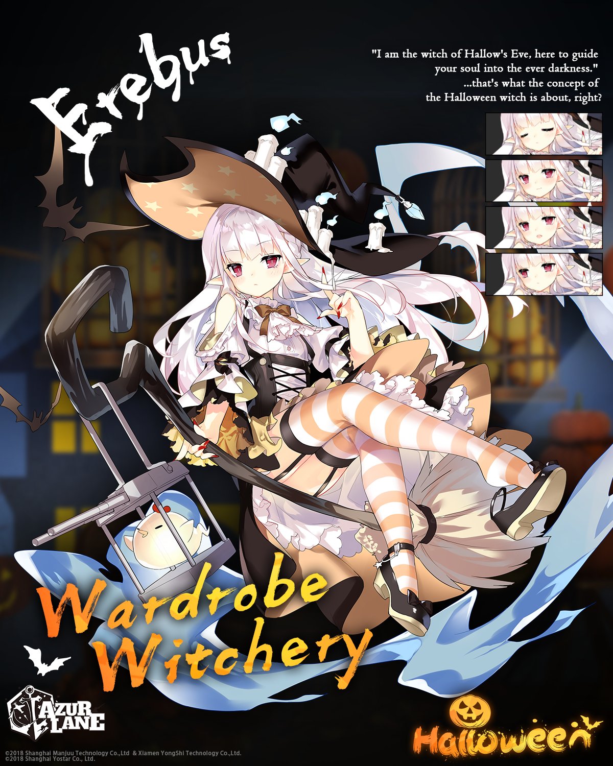 1girl anchor_symbol azur_lane bare_shoulders bat blush broom broom_riding candle character_name closed_eyes copyright_name english_commentary english_text erebus_(azur_lane) erebus_(wardrobe_witchery)_(azur_lane) expressions fingernails garter_belt halloween halloween_costume hat highres long_fingernails manjuu_(azur_lane) nail_polish official_art open_mouth pointy_ears red_eyes red_nails saru shoulder_cutout solo striped striped_legwear thighhighs white_hair witch witch_hat