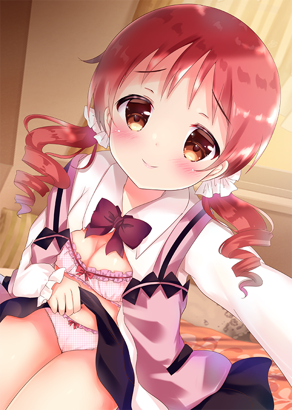 1girl bangs black_skirt blush bow bow_bra bow_panties bra breasts brown_eyes cleavage closed_mouth collared_shirt commentary_request curtains dutch_angle eyebrows_visible_through_hair gochuumon_wa_usagi_desu_ka? hair_ribbon indoors lifted_by_self long_sleeves looking_at_viewer natsu_megumi panties pillow pink_bra pink_panties pink_vest polka_dot polka_dot_bra polka_dot_panties rabbit_house_uniform reaching_out red_bow red_hair ribbon rikatan ringlets self_shot shirt sitting skirt skirt_lift sleeves_past_wrists small_breasts smile solo twintails underwear uniform vest waitress white_ribbon white_shirt