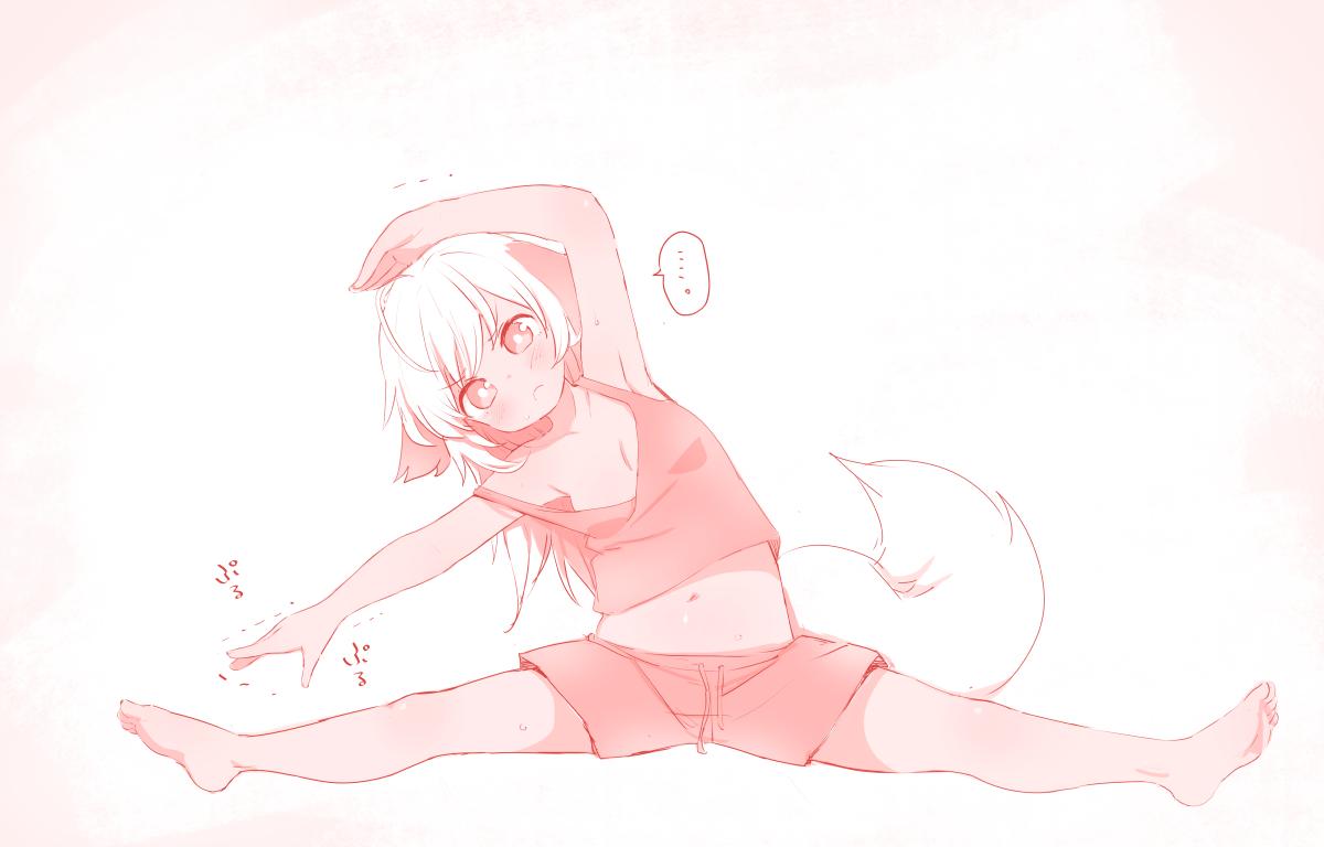 1girl animal_ears barefoot breasts dog_ears dog_tail done_(donezumi) full_body gymnastics monochrome navel original outstretched_arm shorts small_breasts spread_legs stretch sweat tail tank_top titi-chan_(nezumi_inu) trembling