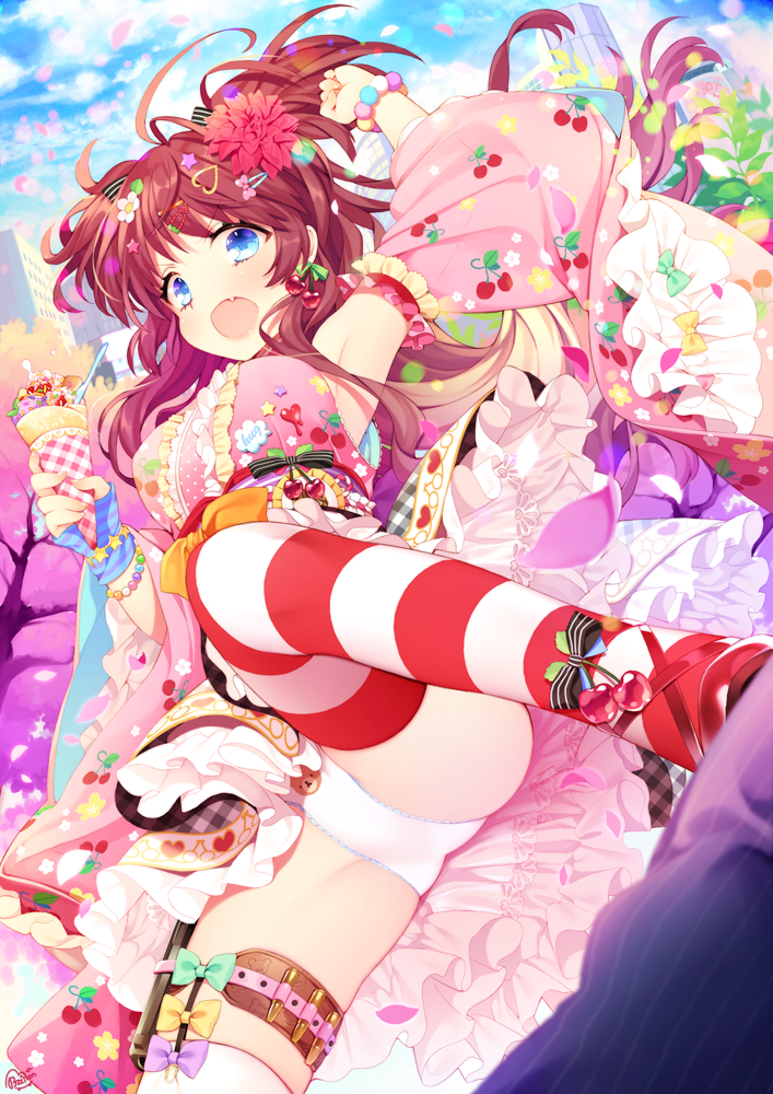 1girl :o animal_print armpits bangs bear_panties bear_print blue_eyes bow bracelet brown_hair bullet byulzzimon cherry cherry_blossoms cherry_earrings cherry_print city colorful crepe detached_sleeves earrings fang flower food food_print food_themed_earrings frilled_kimono frilled_skirt frills fruit hair_flower hair_ornament hairclip heart heart_hair_ornament ice_cream japanese_clothes jewelry kimono long_hair open_mouth original outdoors panties print_kimono print_panties ribbon skirt sky solo star star_hair_ornament striped striped_legwear thigh_strap thighhighs two_side_up underwear upskirt v-shaped_eyebrows wide_sleeves