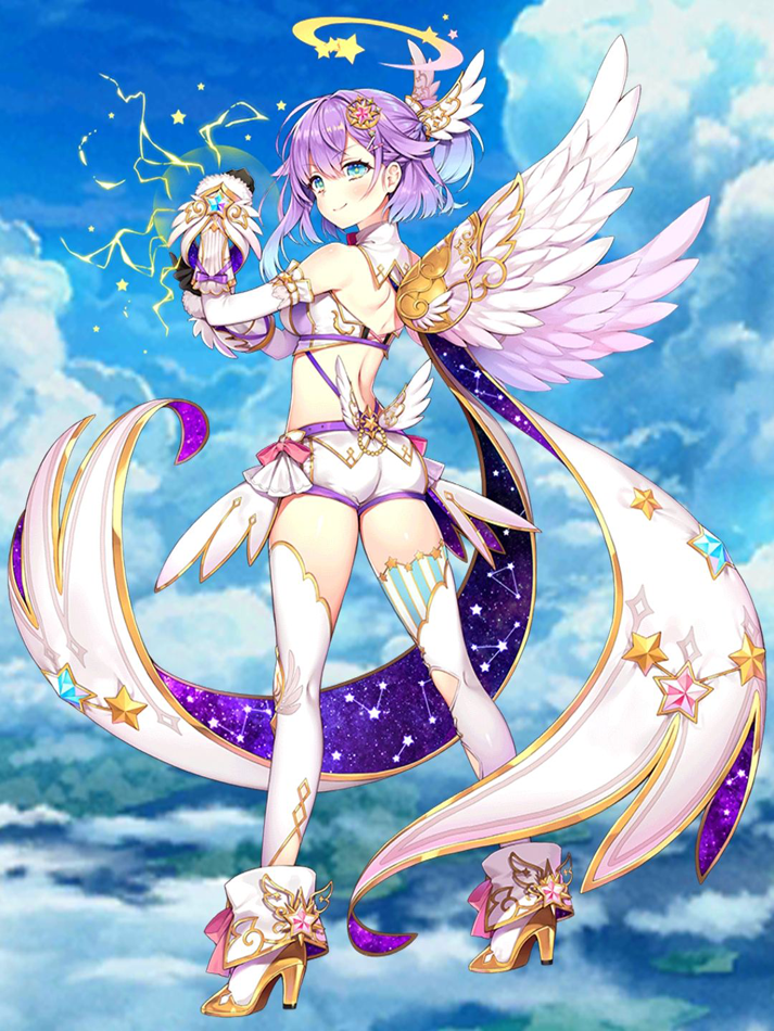 1girl angel angel_wings ass bare_shoulders black_gloves blue_eyes breasts byulzzimon cloud constellation_print crop_top detached_collar detached_sleeves feathered_wings from_behind full_body gauntlets gloves gradient_hair hair_ornament half_updo halo high_heels lightning looking_at_viewer looking_back luka_(shironeko_project) medium_breasts midriff multicolored_hair purple_hair revealing_clothes shironeko_project short_hair short_shorts shorts sky smile solo star thighhighs white_footwear white_legwear white_shorts wings